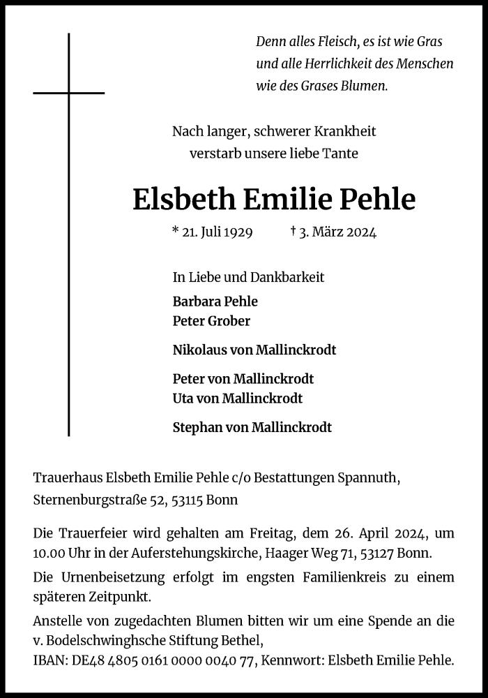  Traueranzeige für Elsbeth Emilie Pehle vom 06.04.2024 aus Kölner Stadt-Anzeiger / Kölnische Rundschau / Express