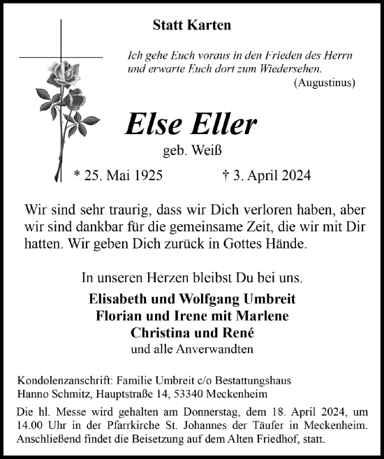 Anzeige von Else Eller von  Schaufenster/Blickpunkt 