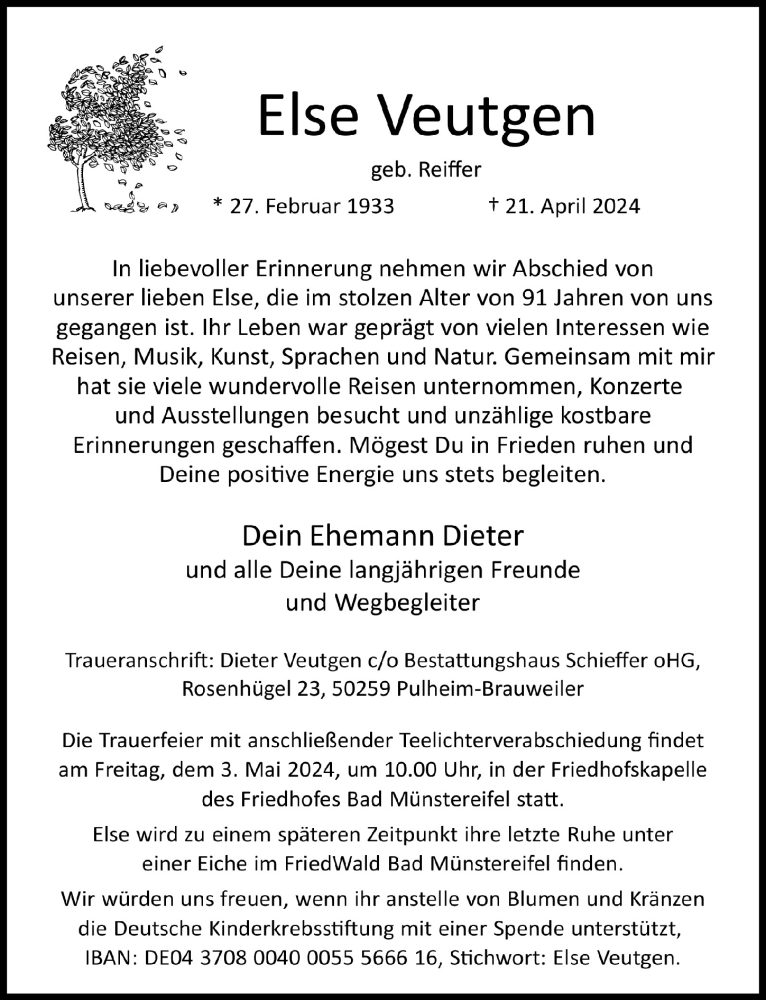  Traueranzeige für Else Veutgen vom 27.04.2024 aus  Blickpunkt Euskirchen 