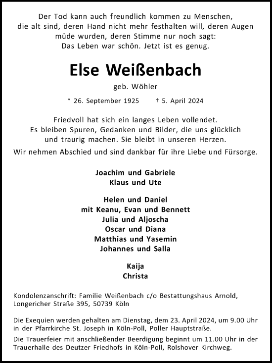 Anzeige von Else Weißenbach von Kölner Stadt-Anzeiger / Kölnische Rundschau / Express