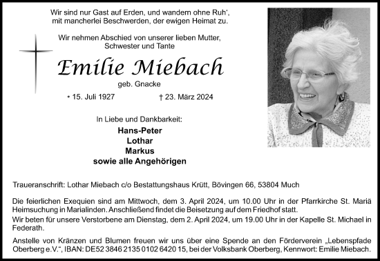Anzeige von Emilie Aliebach von Kölner Stadt-Anzeiger / Kölnische Rundschau / Express