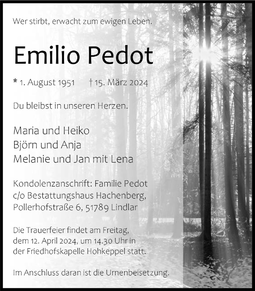  Traueranzeige für Emilio Pedot vom 05.04.2024 aus  Anzeigen Echo 
