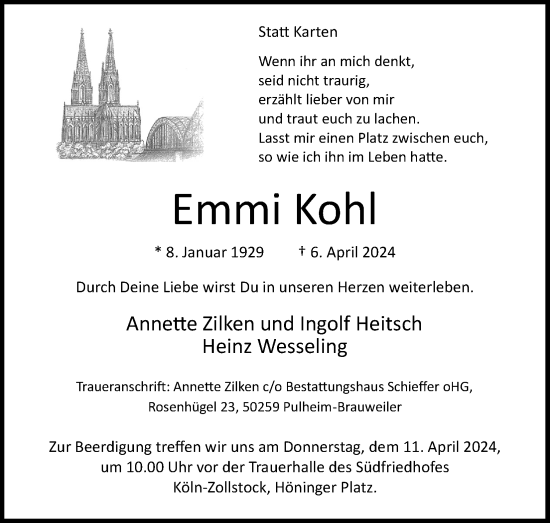 Anzeige von Emmi Kohl von Kölner Stadt-Anzeiger / Kölnische Rundschau / Express