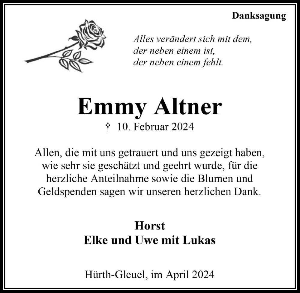  Traueranzeige für Emmy Altner vom 12.04.2024 aus  Wochenende 