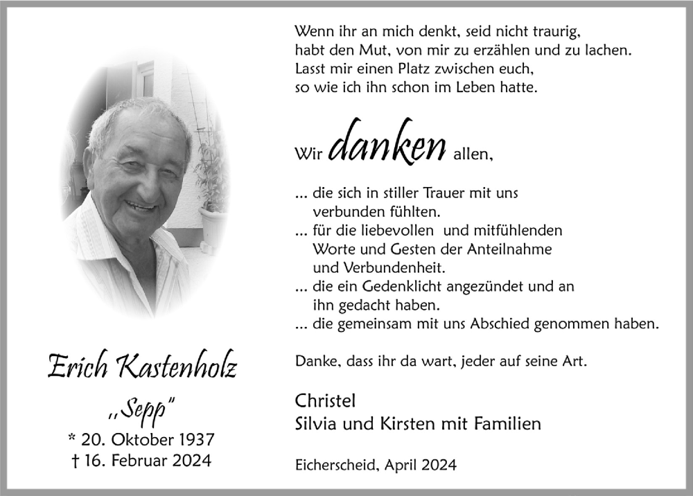  Traueranzeige für Erich Kastenholz vom 13.04.2024 aus  Blickpunkt Euskirchen 