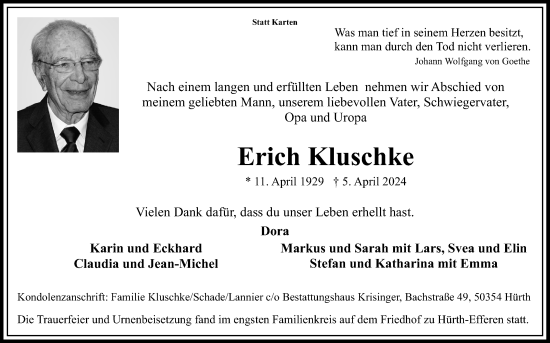 Anzeige von Erich Kluschke von Kölner Stadt-Anzeiger / Kölnische Rundschau / Express