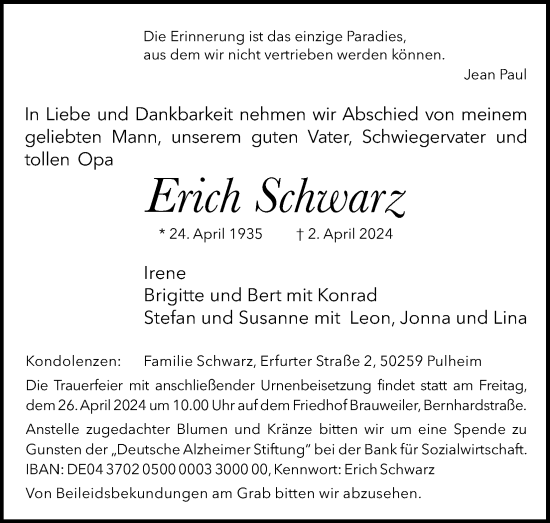 Anzeige von Erich Schwarz von Kölner Stadt-Anzeiger / Kölnische Rundschau / Express