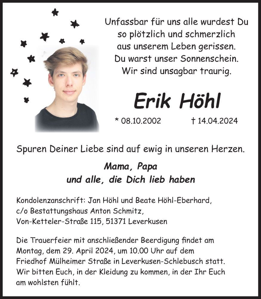  Traueranzeige für Erik Höhl vom 20.04.2024 aus Kölner Stadt-Anzeiger / Kölnische Rundschau / Express