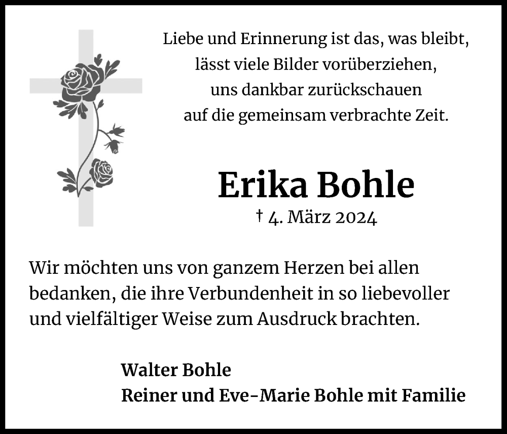  Traueranzeige für Erika Bohle vom 13.04.2024 aus Kölner Stadt-Anzeiger / Kölnische Rundschau / Express