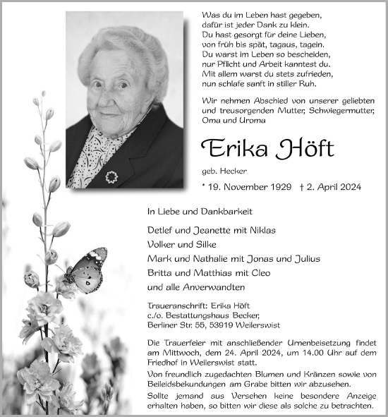 Anzeige von Erika Höft von  Blickpunkt Euskirchen 
