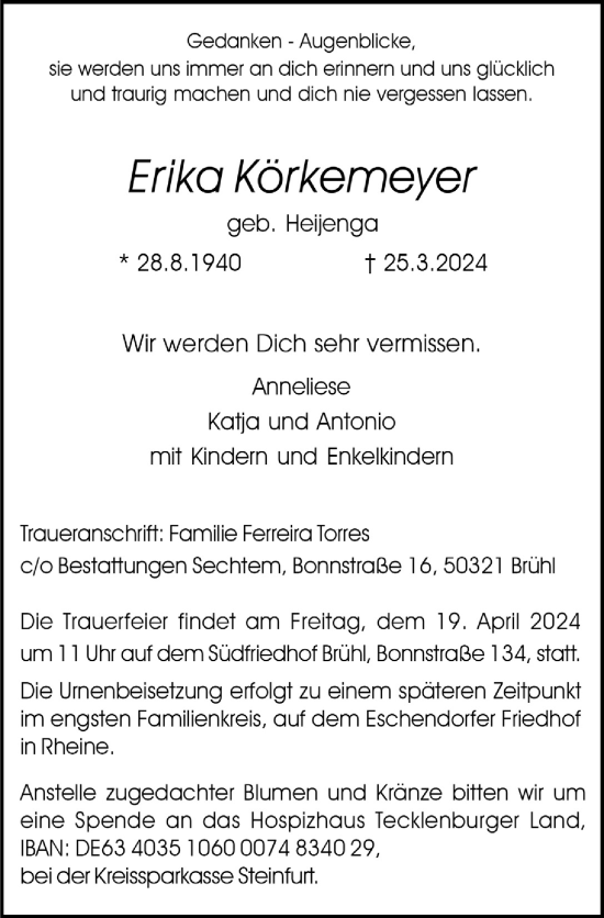 Anzeige von Erika Körkemeyer von  Schlossbote/Werbekurier 