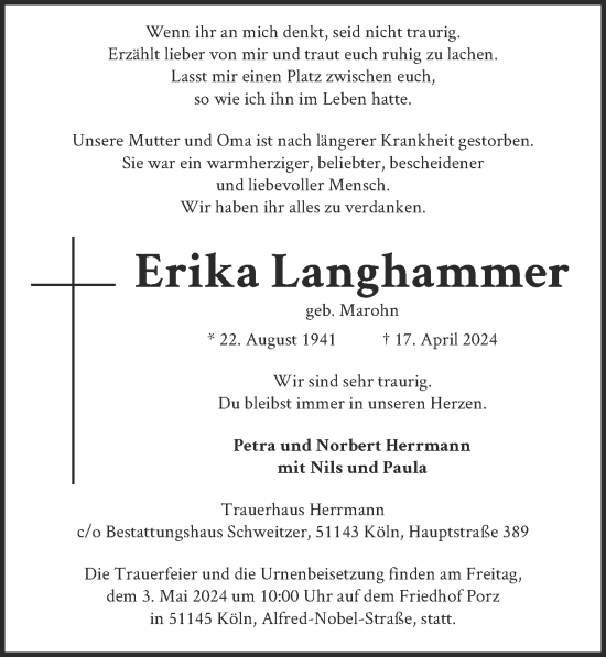 Anzeige von Erika Langhammer von  EXPRESS - Die Woche 