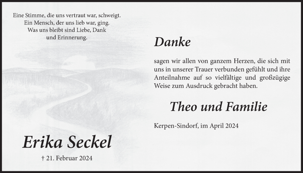  Traueranzeige für Erika Seckel vom 12.04.2024 aus  Werbepost 