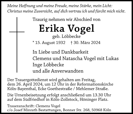 Anzeige von Erika Vogel von Kölner Stadt-Anzeiger / Kölnische Rundschau / Express