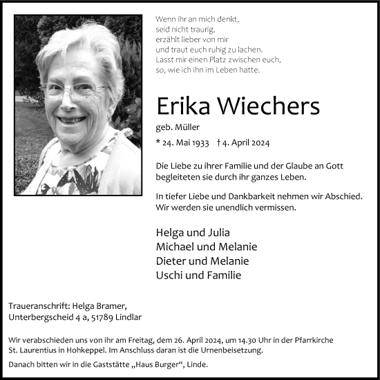 Anzeige von Erika Wiechers von Kölner Stadt-Anzeiger / Kölnische Rundschau / Express
