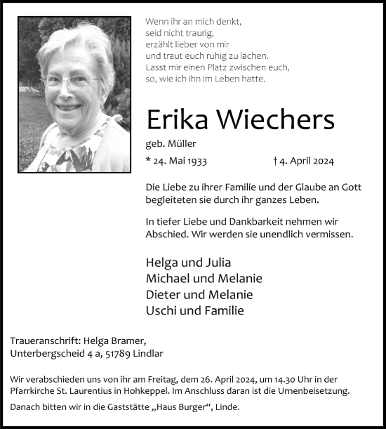 Anzeige von Erika Wiechers von  Anzeigen Echo 