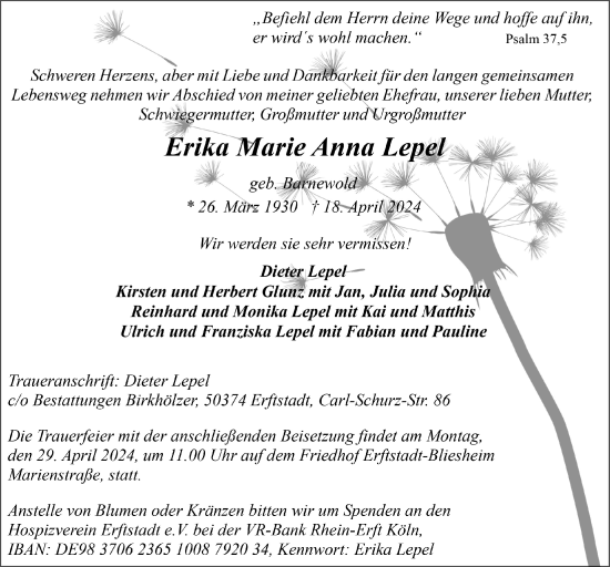 Anzeige von Erika Marie Anna Lepel von  Werbepost 