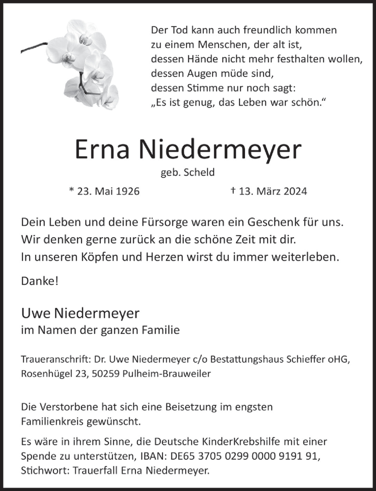  Traueranzeige für Erna Niedermeyer vom 05.04.2024 aus  Wochenende 