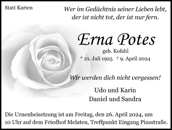 Anzeige von Erna Potes von Kölner Stadt-Anzeiger / Kölnische Rundschau / Express