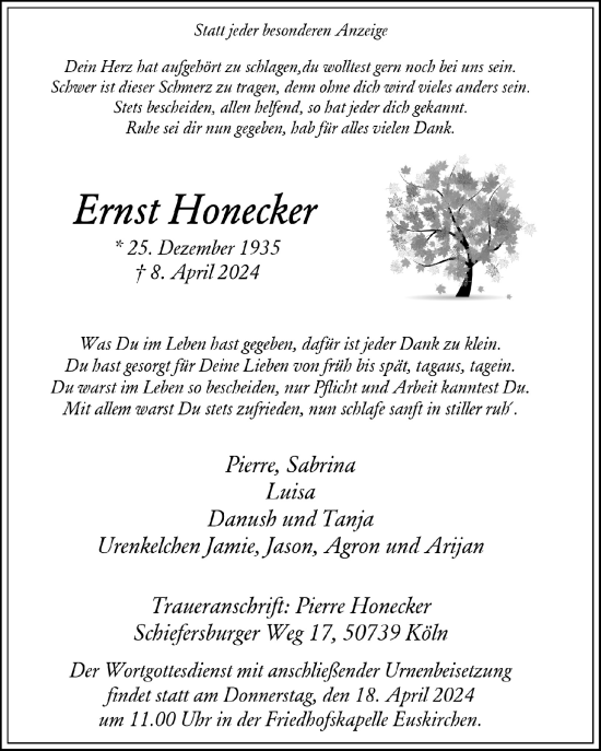 Anzeige von Ernst Honecker von  Blickpunkt Euskirchen 
