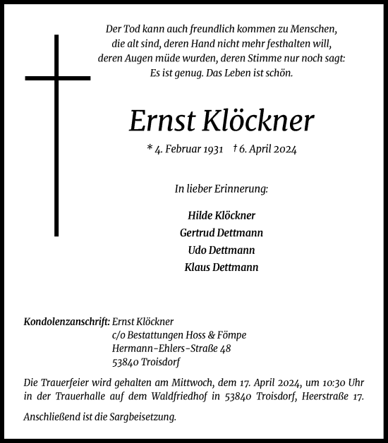 Anzeige von Ernst Klöckner von Kölner Stadt-Anzeiger / Kölnische Rundschau / Express