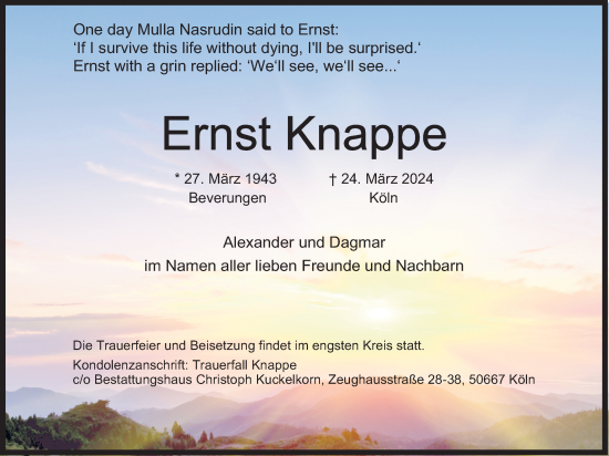 Anzeige von Ernst Knappe von Kölner Stadt-Anzeiger / Kölnische Rundschau / Express