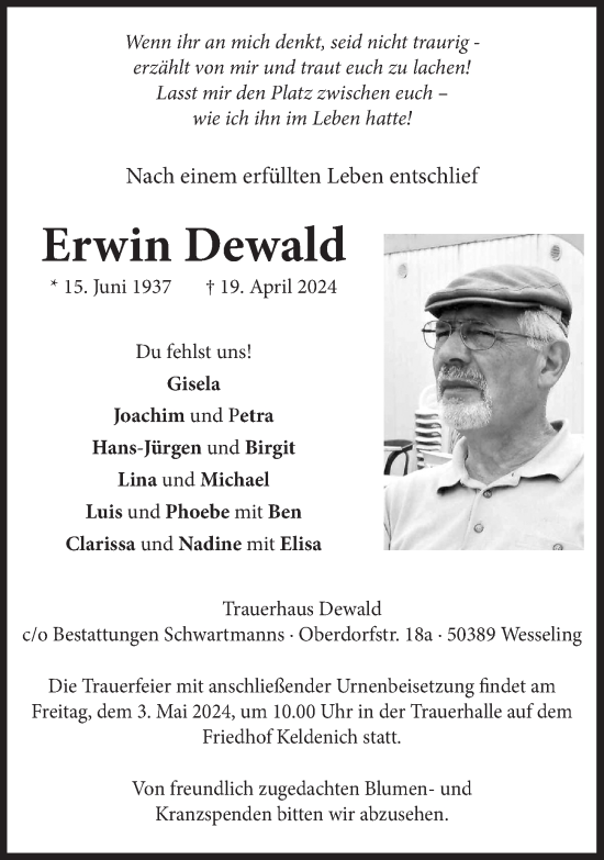 Anzeige von Erwin Dewald von  Schlossbote/Werbekurier 