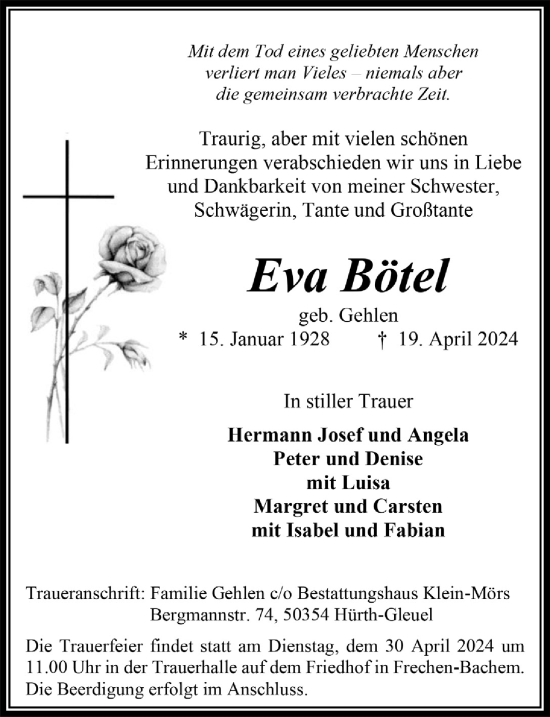 Anzeige von Eva Bötel von  Wochenende 