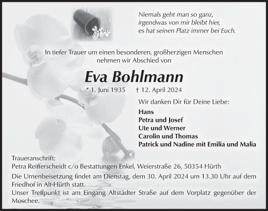 Anzeige von Eva Bohlmann von  Wochenende 
