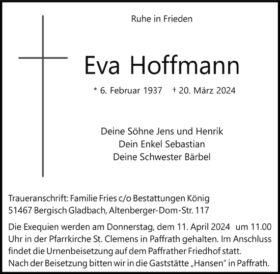 Anzeige von Eva Hoffmann von  Bergisches Handelsblatt 