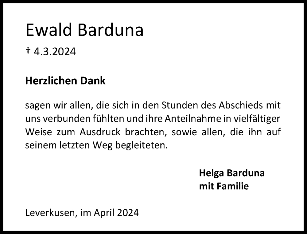  Traueranzeige für Ewald Barduna vom 13.04.2024 aus Kölner Stadt-Anzeiger / Kölnische Rundschau / Express