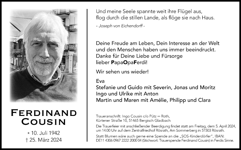  Traueranzeige für Ferdinand Cousin vom 30.03.2024 aus Kölner Stadt-Anzeiger / Kölnische Rundschau / Express