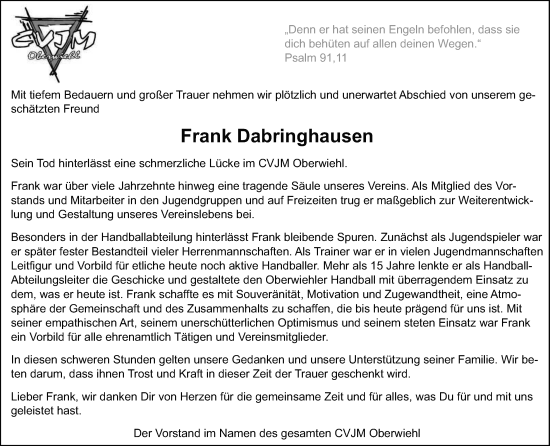 Anzeige von Frank Dabringhausen von Kölner Stadt-Anzeiger / Kölnische Rundschau / Express