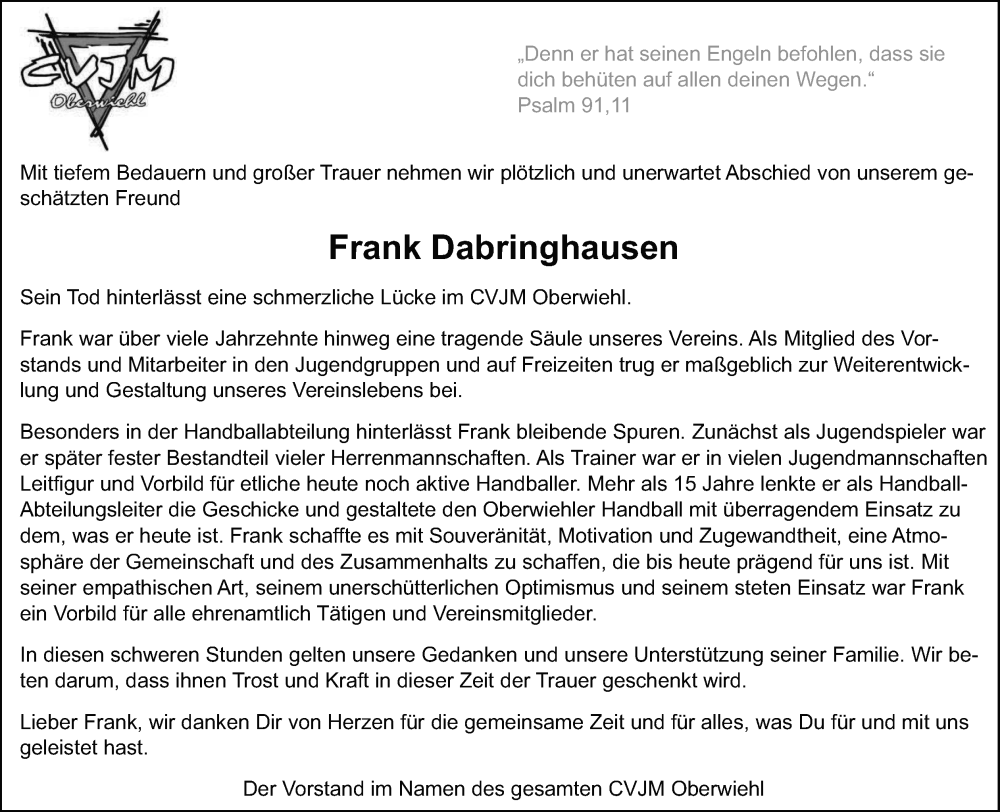  Traueranzeige für Frank Dabringhausen vom 13.04.2024 aus Kölner Stadt-Anzeiger / Kölnische Rundschau / Express