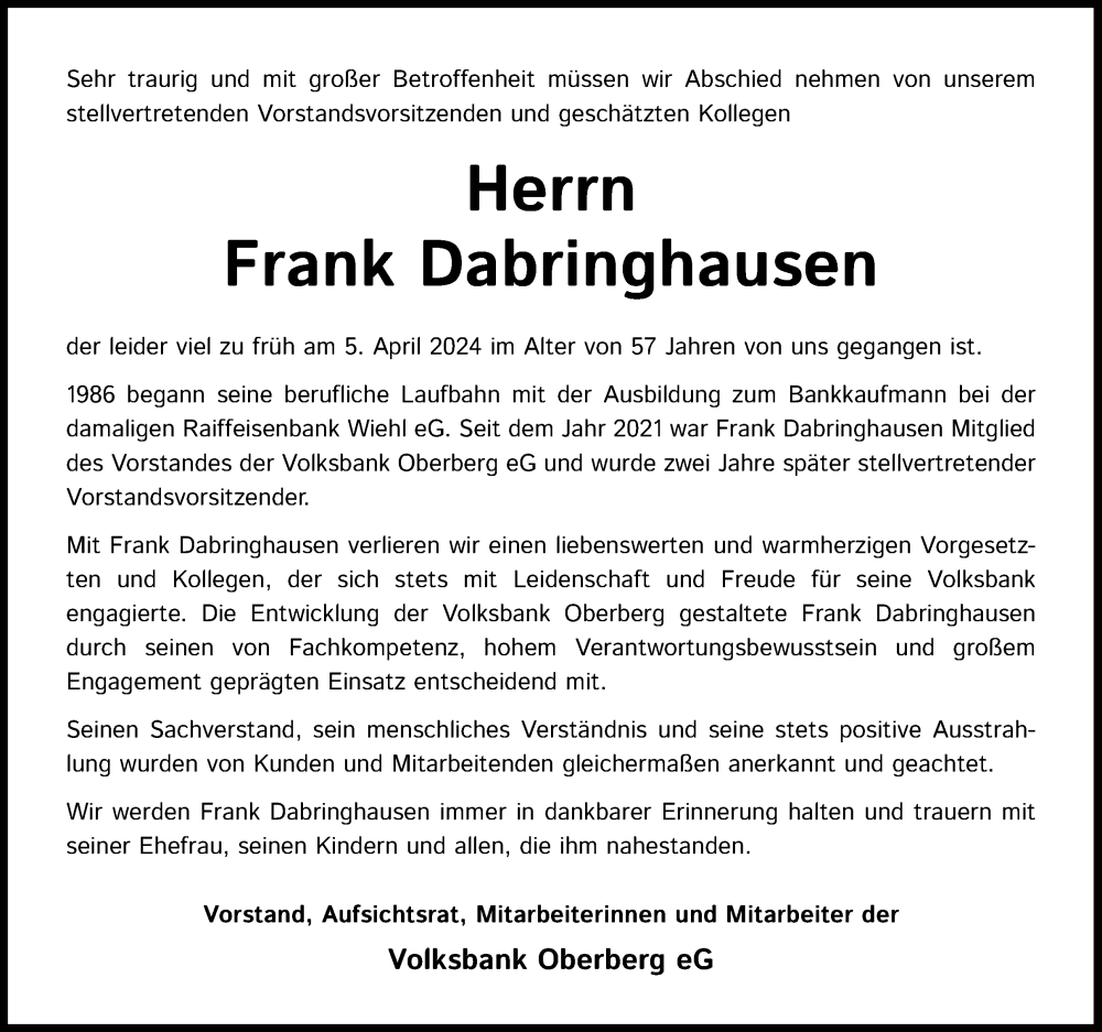  Traueranzeige für Frank Dabringhausen vom 13.04.2024 aus Kölner Stadt-Anzeiger / Kölnische Rundschau / Express