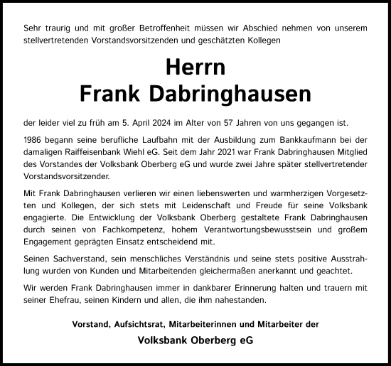 Anzeige von Frank Dabringhausen von Kölner Stadt-Anzeiger / Kölnische Rundschau / Express