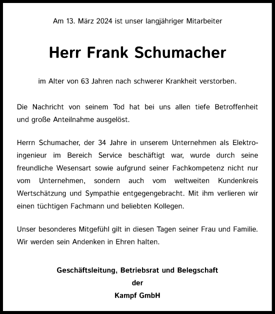 Anzeige von Frank Schumacher von Kölner Stadt-Anzeiger / Kölnische Rundschau / Express