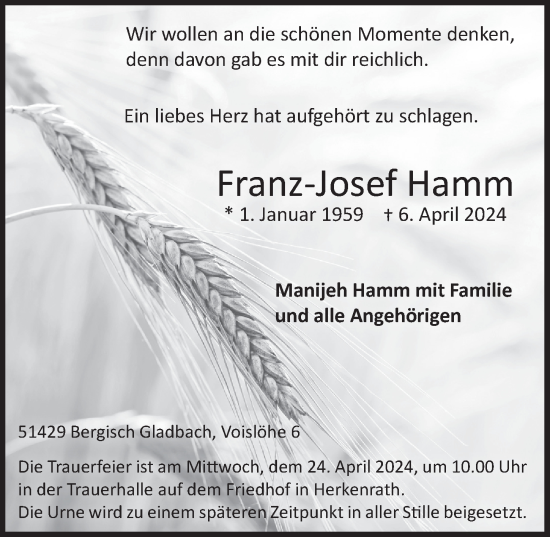 Anzeige von Franz-Josef Hamm von  Bergisches Handelsblatt 