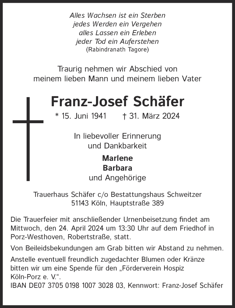  Traueranzeige für Franz-Josef Schäfer vom 12.04.2024 aus  EXPRESS - Die Woche 