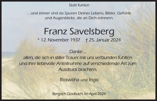 Anzeige von Franz Savelsberg von  Bergisches Handelsblatt 