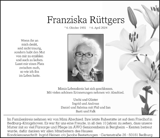Anzeige von Franziska Rüttgers von  Werbepost 