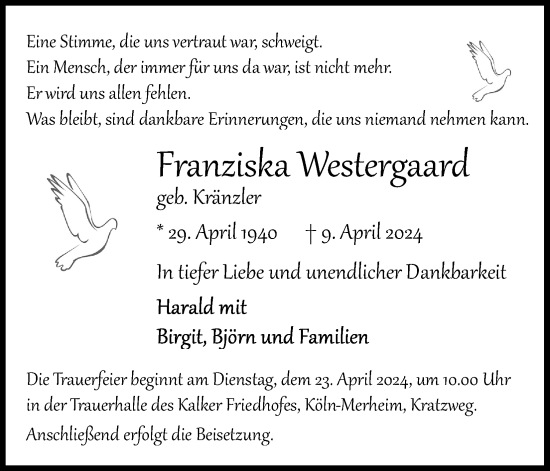 Anzeige von Franziska Westergaard von Kölner Stadt-Anzeiger / Kölnische Rundschau / Express