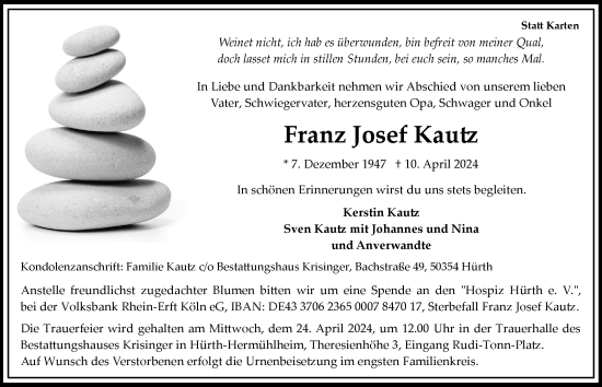 Anzeige von Franz Josef Kautz von  Wochenende 