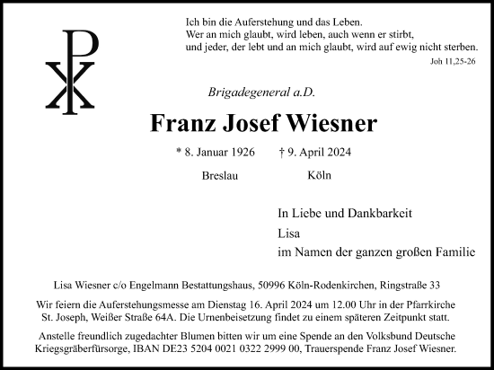 Anzeige von Franz Josef Wiesner von Kölner Stadt-Anzeiger / Kölnische Rundschau / Express