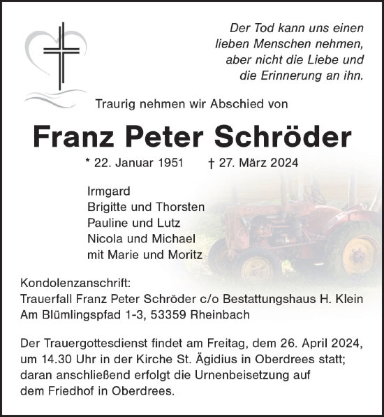 Anzeige von Franz Peter Schröder von  Schaufenster/Blickpunkt 