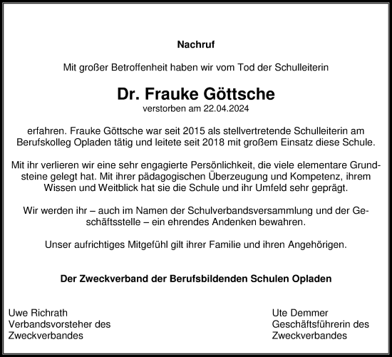 Anzeige von Frauke Göttsche von Kölner Stadt-Anzeiger / Kölnische Rundschau / Express