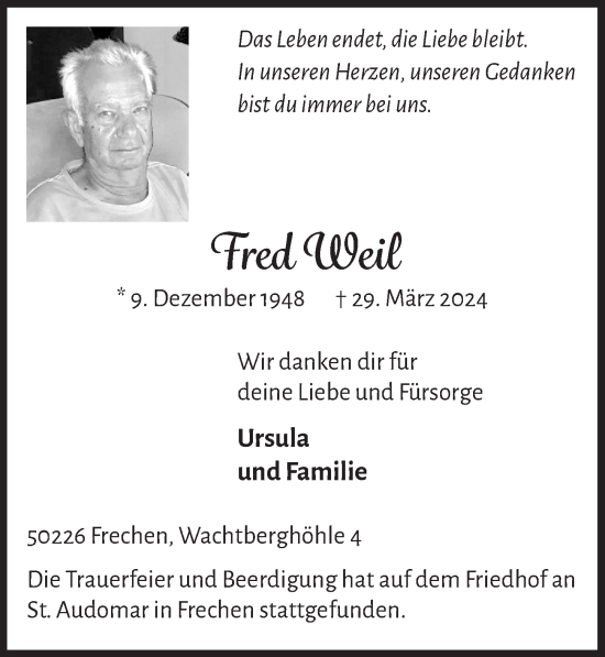 Anzeige von Fred Weil von  Wochenende 