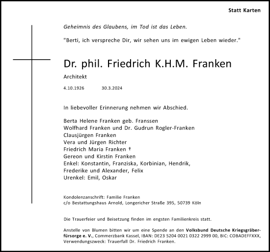 Anzeige von Friedrich K.H.M. Franken von Kölner Stadt-Anzeiger / Kölnische Rundschau / Express