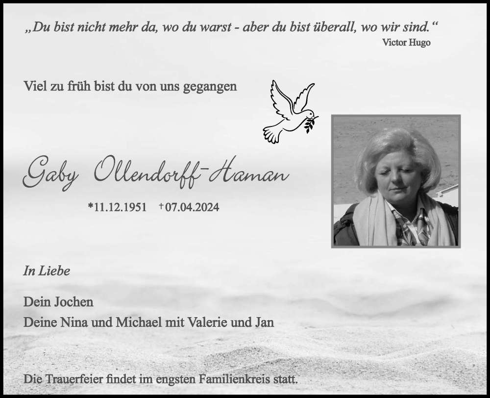  Traueranzeige für Gaby Ollendorff-Haman vom 13.04.2024 aus Kölner Stadt-Anzeiger / Kölnische Rundschau / Express