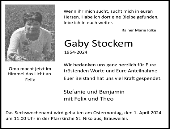 Anzeige von Gaby Stockem von Kölner Stadt-Anzeiger / Kölnische Rundschau / Express